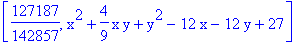 [127187/142857, x^2+4/9*x*y+y^2-12*x-12*y+27]